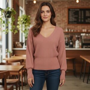 Free People Allure Ribbed Coral Rose Pink V-Neck Cinched Waist Sweater XS Woman